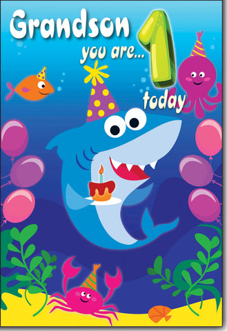 Grandson 1st birthday card - cute shark