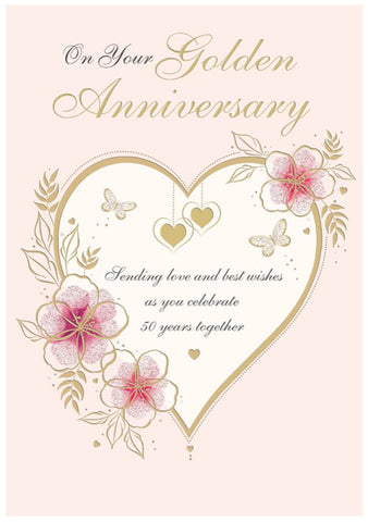 Golden wedding anniversary card- hearts and flowers