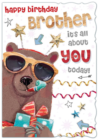 Brother birthday card- party bear