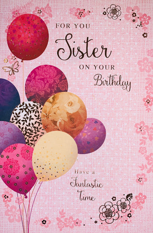 Sister birthday card - balloons and flowers