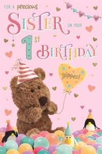Sister 1st birthday card - cute bear