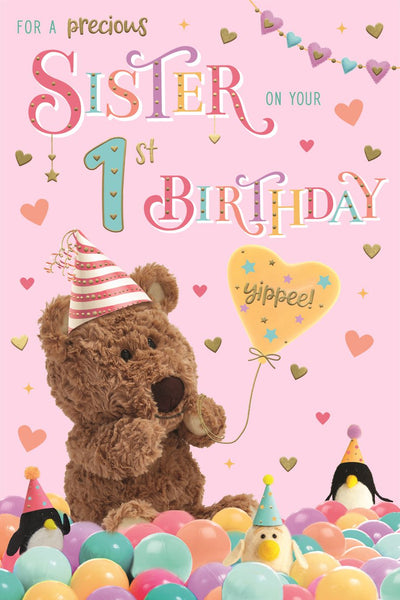 Sister 1st birthday card - cute bear