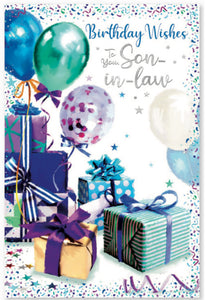 Son in law birthday card - presents and balloons