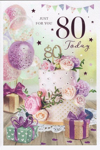 80th birthday card- birthday cake and flowers