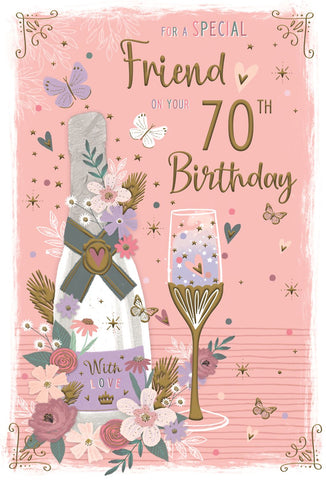Friend 70th birthday card - birthday flowers and bubbly