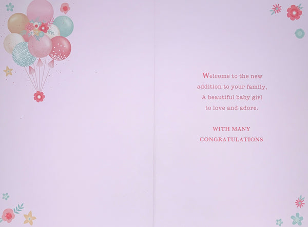 Baby girl birth congratulations card - balloons