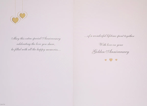 Golden wedding anniversary card- hearts and flowers