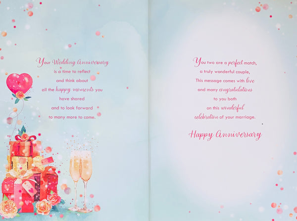 Mum and Dad wedding anniversary card- gifts and champagne