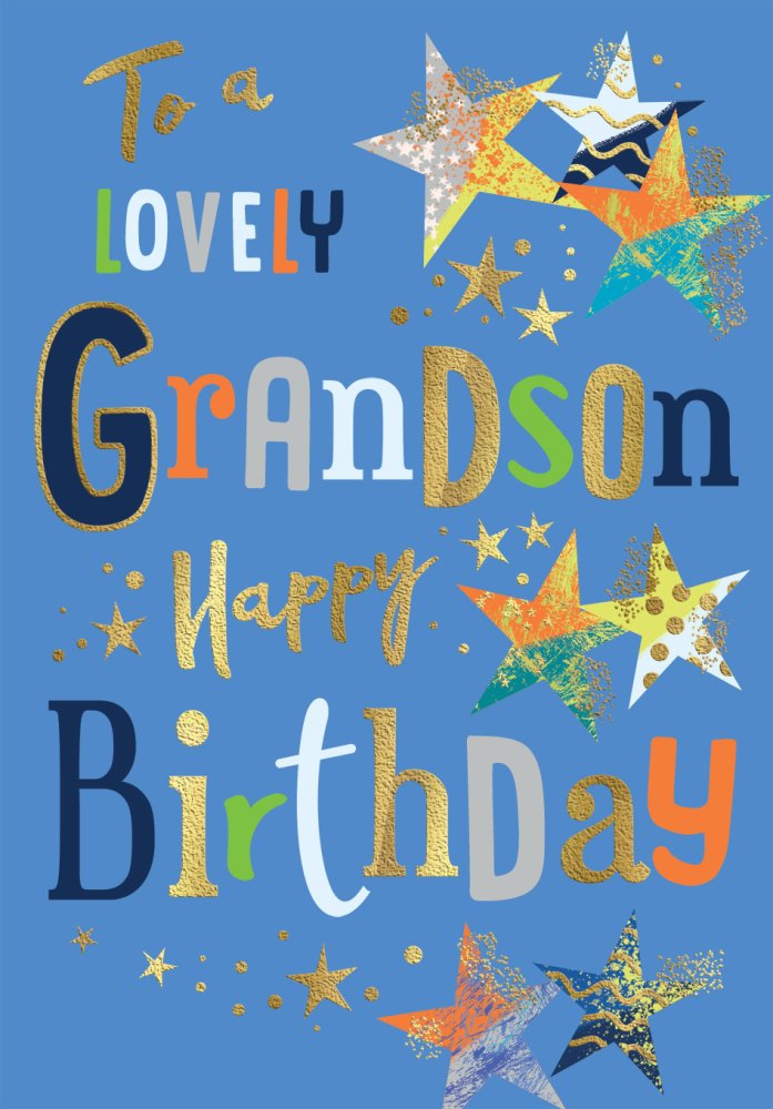 Happy Birthday Great Grandson, Rocket and Stars, biglietto d'auguri con testo laminato, oro lucido