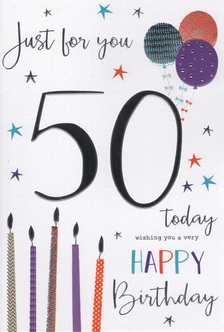 50th birthday card- candles and balloons