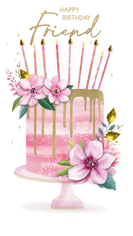 Friend birthday card- luxury card - cake and flowers