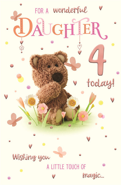 Daughter 4th birthday card- cute bear and flowers