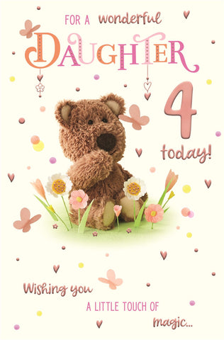 Daughter 4th birthday card- cute bear and flowers