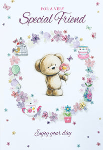 Friend birthday card cute bear and flowers