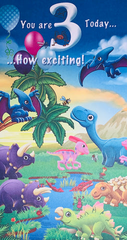 Age 3 birthday card- cute dinosaurs