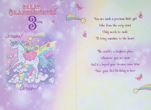Great-Granddaughter 3rd birthday card - unicorn