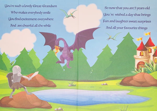 Great-Grandson 5th birthday card- dragon and knight