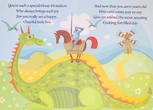 Great-Grandson 6th birthday card- dragon and knight