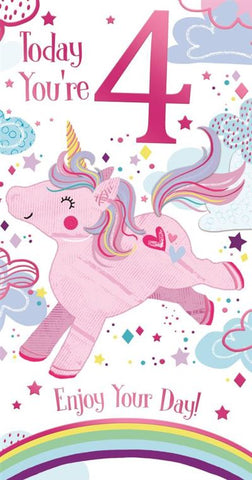 Age 4 birthday card - cute unicorn