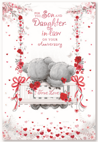 Son and Daughter-in-law anniversary card - cute bears on swing
