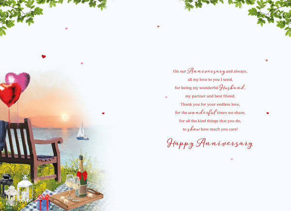 Husband wedding anniversary card - romantic sunset picnic