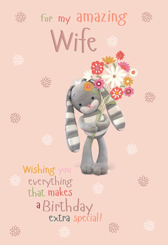 Wife birthday card- cute rabbit holding flowers- Hun Bun