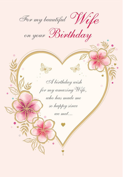 Wife birthday card - hearts and flowers
