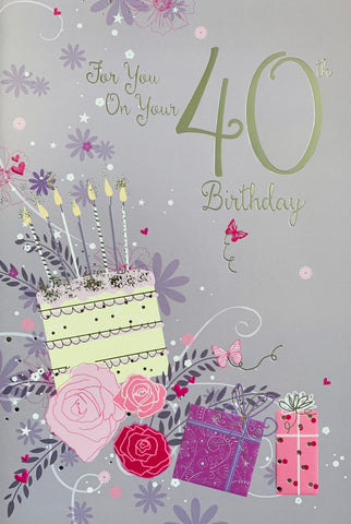 40th birthday card - cake and flowers