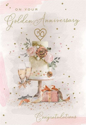 Golden wedding anniversary card - cake and champagne