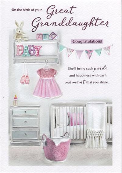 Great Granddaughter birth congratulations card - pink nursery