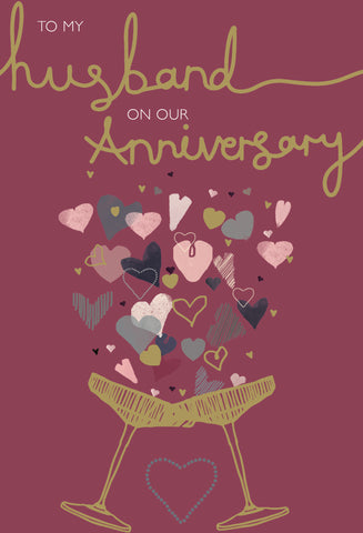Husband anniversary card - hearts and champagne glasses