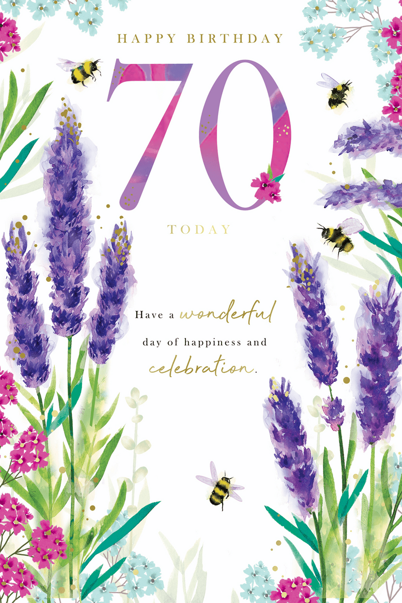 70th birthday card- flowers and bees – Cards Through The Post.com