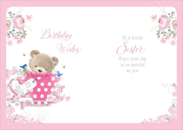Sister birthday card - cute bear and teacup