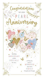 Pearl anniversary card - hearts and flowers