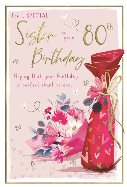 Sister 80th birthday card- flowers and gifts