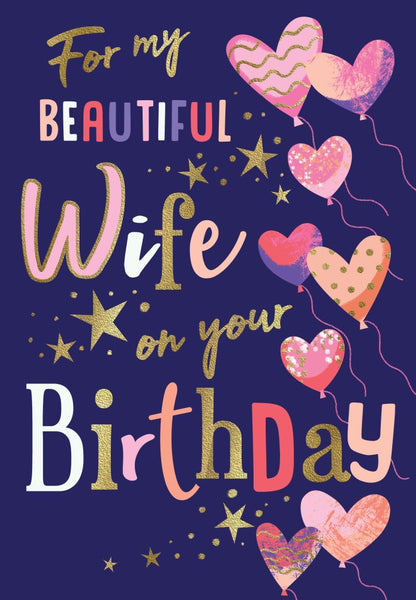 Wife birthday card - heart balloons
