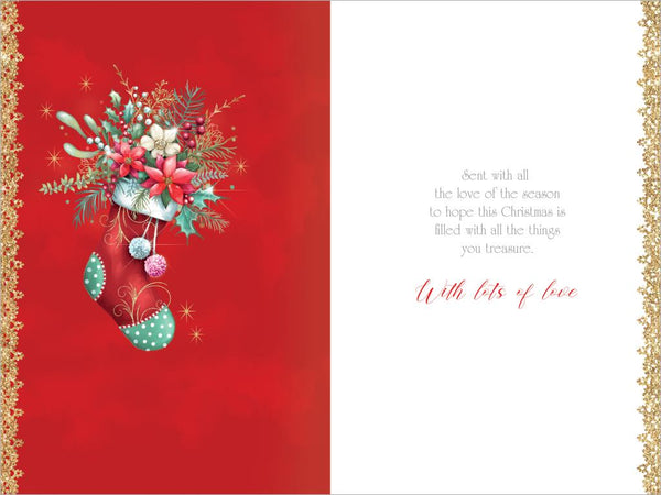 Sister Christmas card- Christmas stocking and flowers