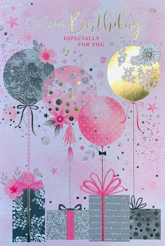 Birthday card for her- bright silver balloons