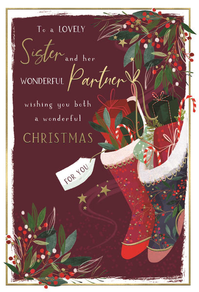 Sister and Partner Christmas card - Xmas gifts and stockings