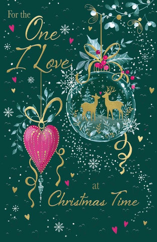 One I love Christmas card - hearts and baubles