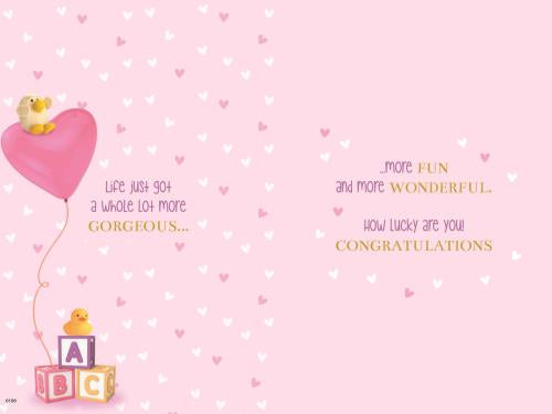 Baby girl birth congratulations card - cute bear