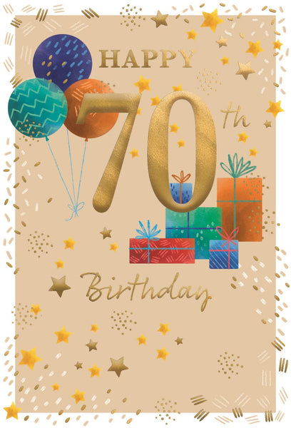 70th birthday card - birthday balloons and gifts