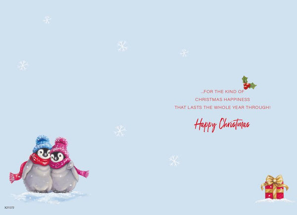 To a Wonderful couple Christmas card- Christmas penguins