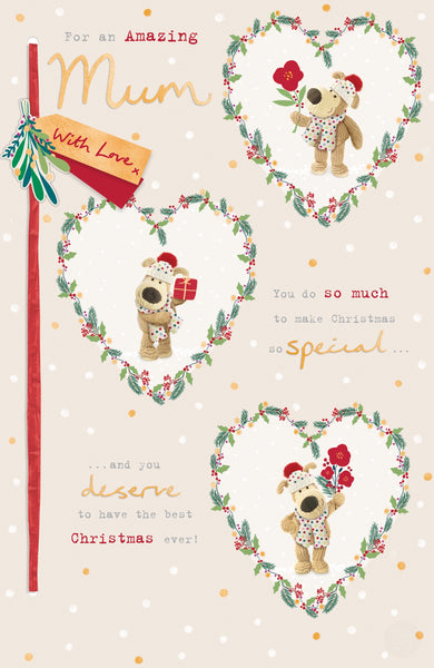 Luxury Mum Christmas card - Boofle holding flowers