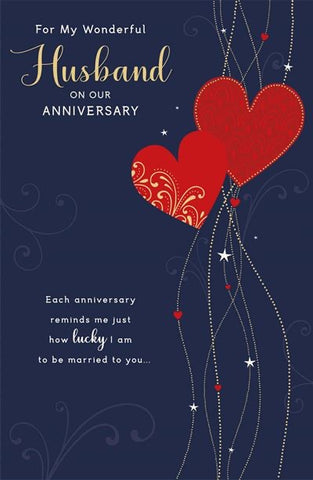 Husband wedding anniversary card - red hearts