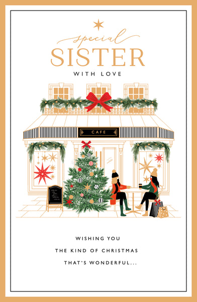Sister Christmas card- Xmas shopping and coffee