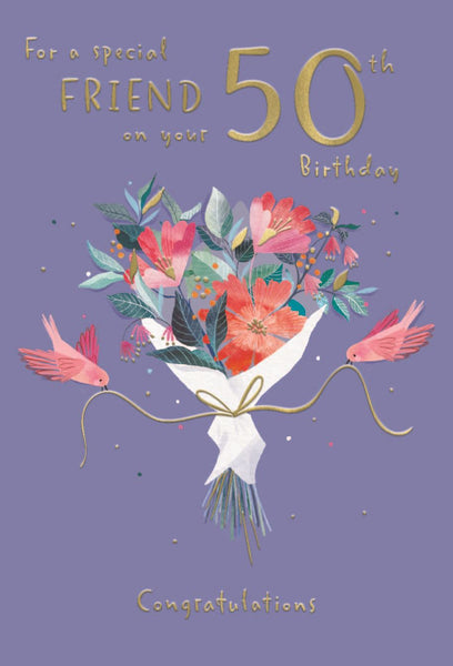 Friend 50th birthday card - birthday flowers and birds