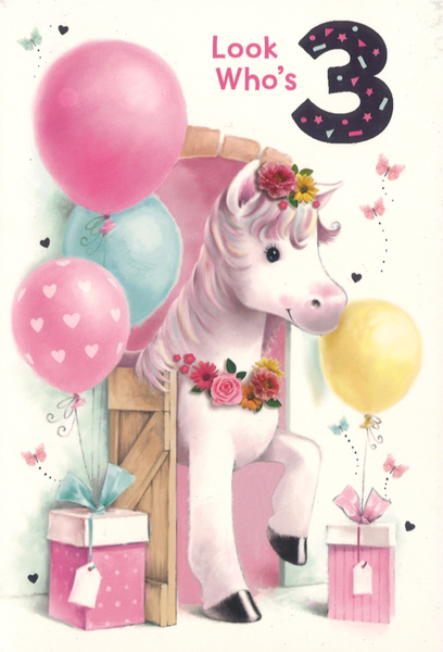 Age 3 birthday card - cute unicorn