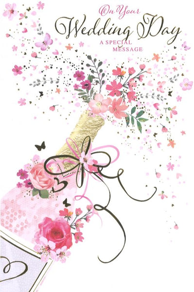Wedding day card - bubbly and flowers