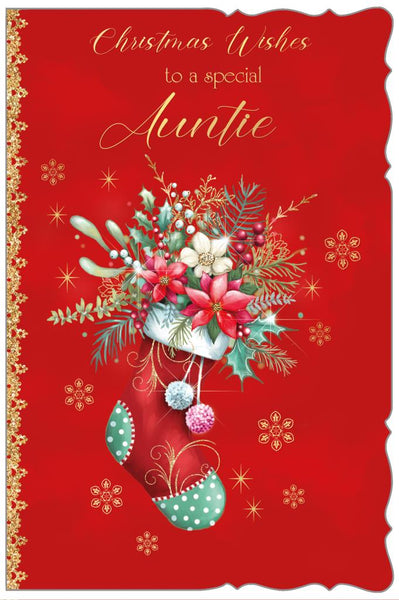 Auntie Christmas card- flowers and Christmas stocking